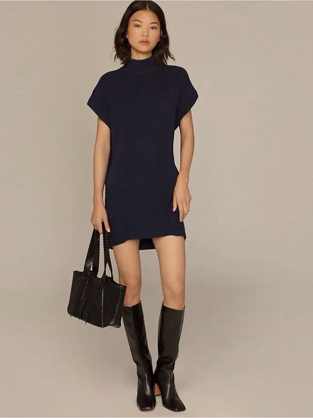 Anthropologie Navy Ribbed Mock Neck Sweater Dress NWT S